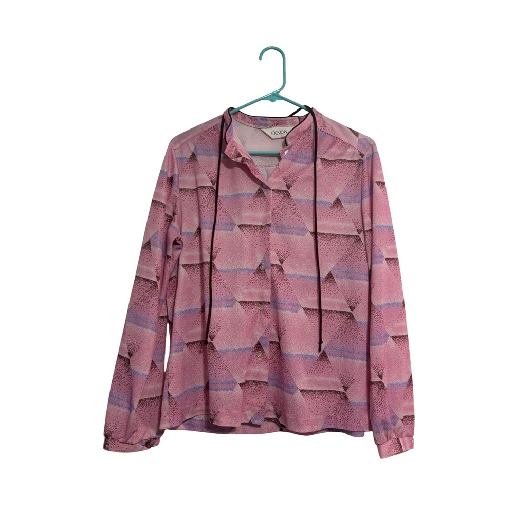 Devon Blouse Vintage Geometric Abstract Pink Tie Neck Long Sleeve Retro M